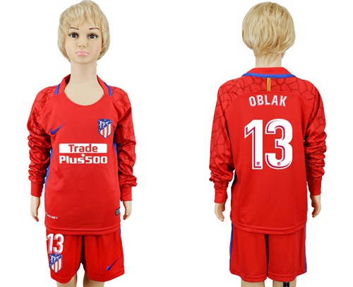 Atletico Madrid #13 Oblak Red Goalkeeper Long Sleeves Kid Soccer Club Jersey
